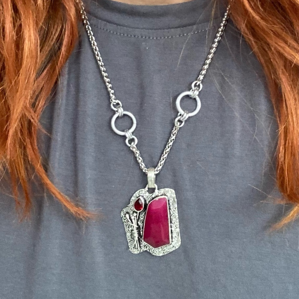 Genuine Garnet & pink Indian ruby gemstones boho charm silver necklace - Picture 16 of 16